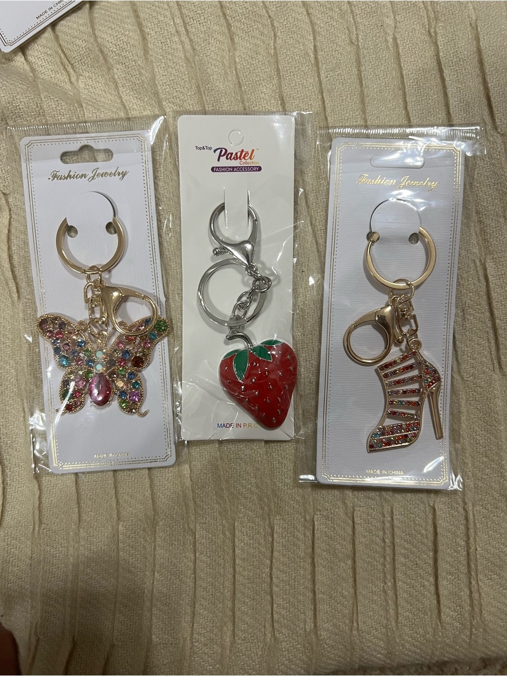 3 Bundle Key Chain or Bag Charm NWT Strawberry, Butterfly, High Heel.